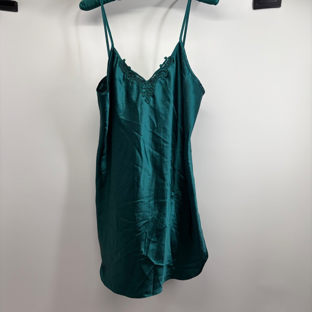 Vintage 90s Emerald Green Satin Slip Dress Coquette Whimsigoth Chemise M